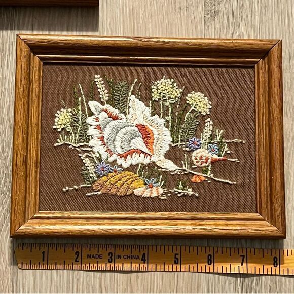 Embroidered Crewel Seashells Yarn Art Jan Dalton kit 2 Neutral Brown Set 6” x 8” - Picture 4 of 6